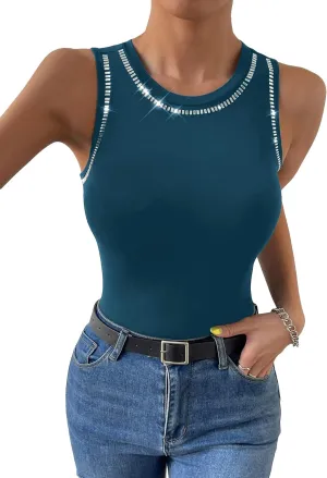 WDIRARA Women's Rhinestone Tank Top Sleeveless Summer Top Round Neck Tank Top