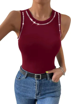 WDIRARA Women's Rhinestone Tank Top Sleeveless Summer Top Round Neck Tank Top