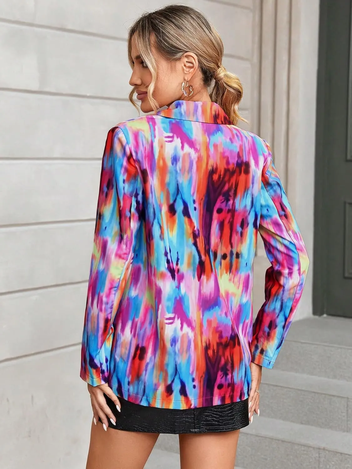 WDIRARA Women's Tie Dye Button Front Long Sleeve Casual Oversized Blazer Jackets with Pockets