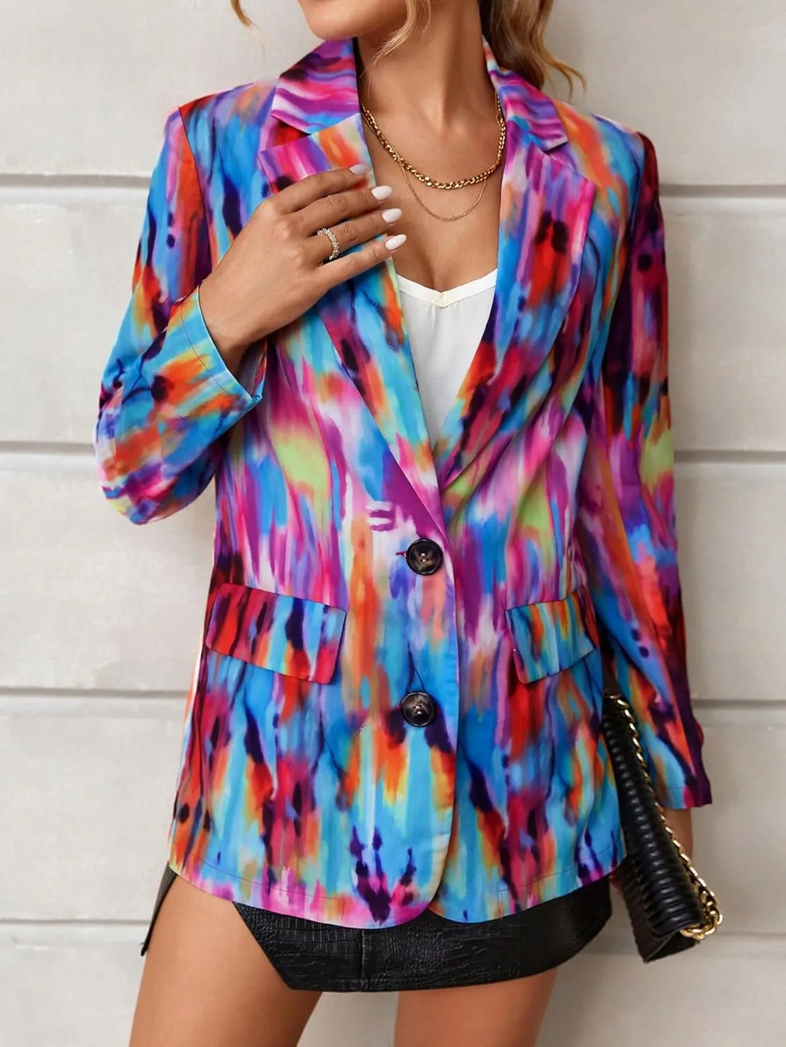 WDIRARA Women's Tie Dye Button Front Long Sleeve Casual Oversized Blazer Jackets with Pockets