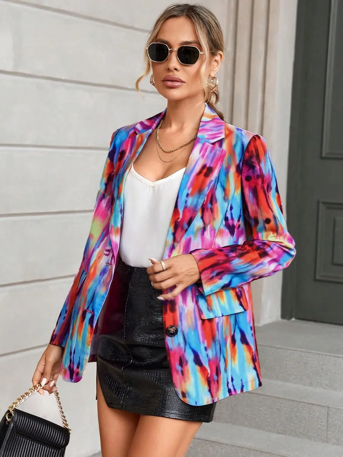 WDIRARA Women's Tie Dye Button Front Long Sleeve Casual Oversized Blazer Jackets with Pockets