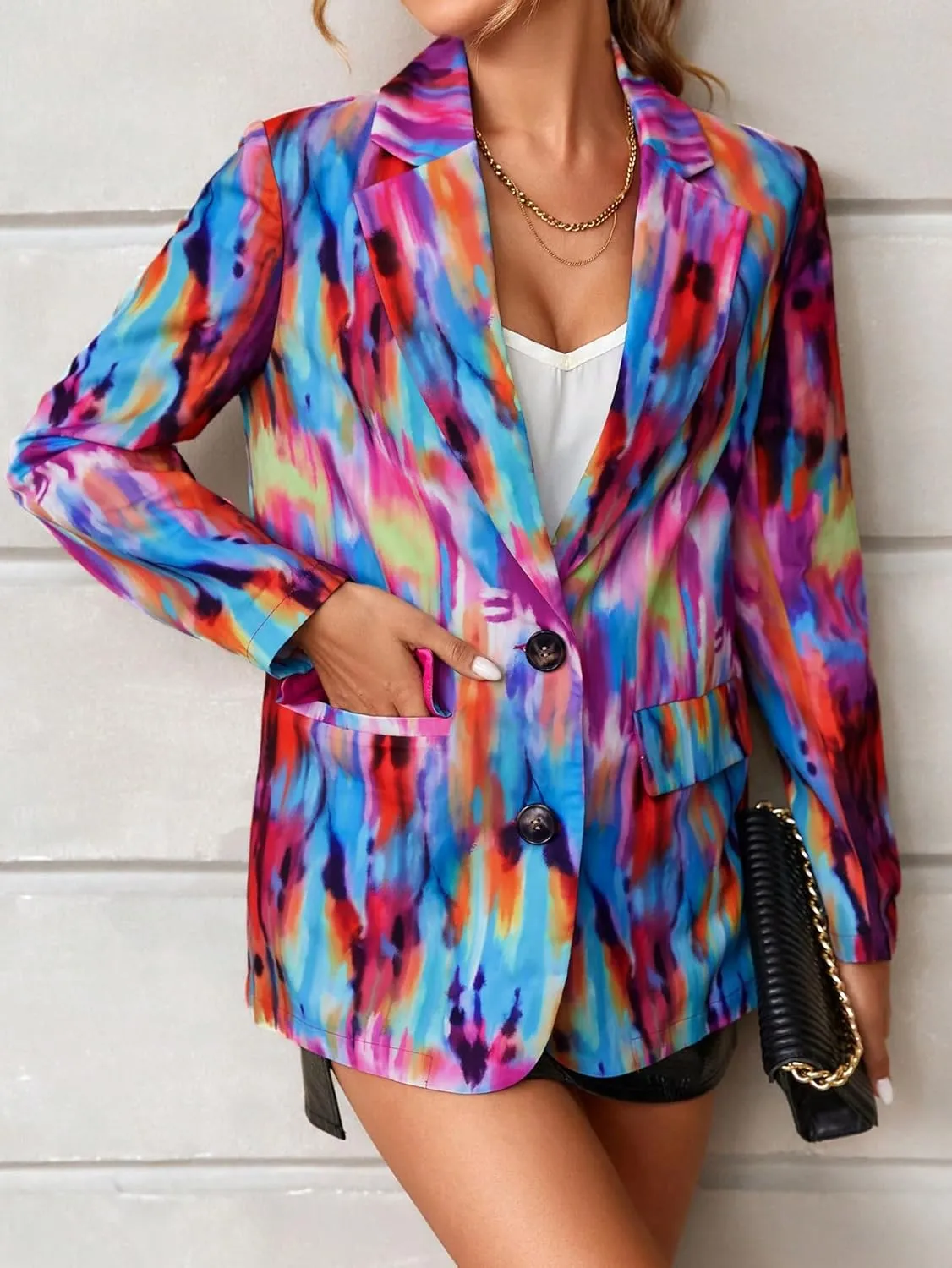 WDIRARA Women's Tie Dye Button Front Long Sleeve Casual Oversized Blazer Jackets with Pockets