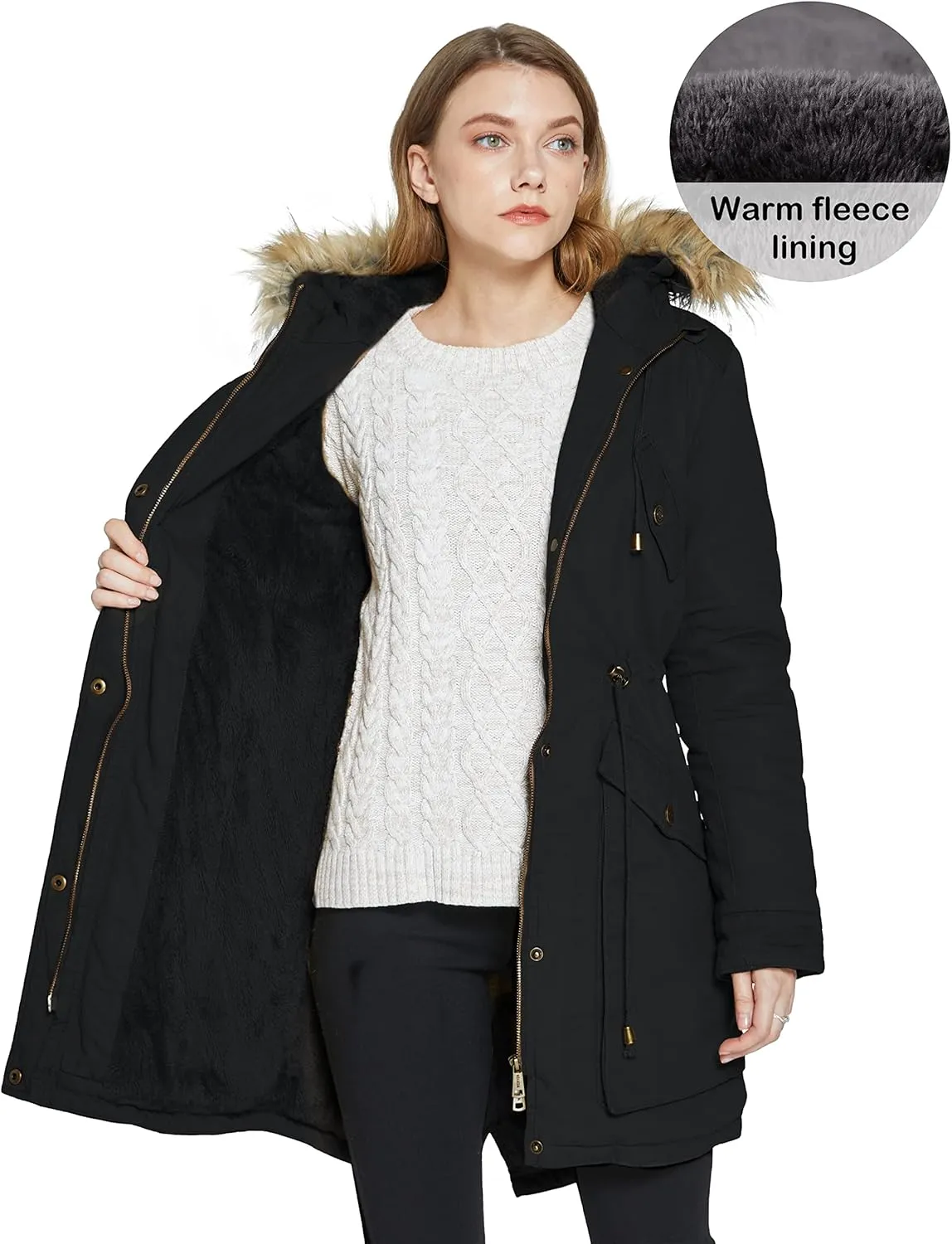 WenVen Women's Winter Thicken Fleece Jacket Fur Hooded Military Parka Coat