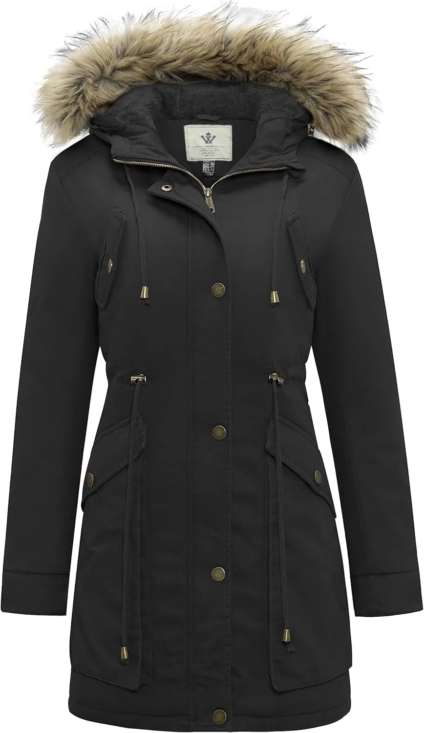 WenVen Women's Winter Thicken Fleece Jacket Fur Hooded Military Parka Coat