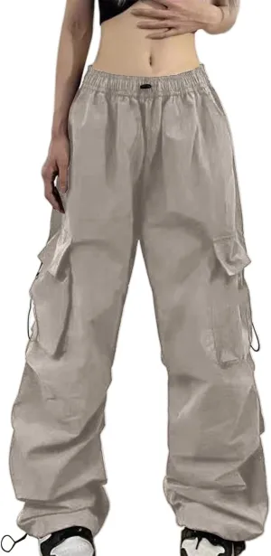 Wide Leg Parachute Pants Woman Baggy Elastic Waist Summer Cargo Pants Lightweight Y2K Trendy Trousers with Pockets