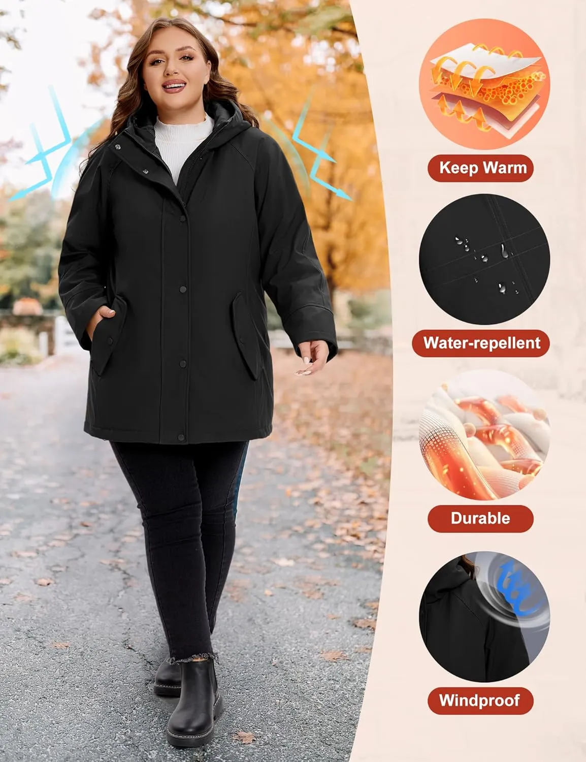 WINDMILL Womens Plus Size Softshell Jacket, Warm Windbreaker Coat with Hood (1X-6X)