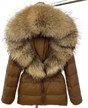 Winter Jacket Women Natural Real Raccoon Fox Fur Hooded White Duck Down Coat Belt Thick Warm Casual Outerwear