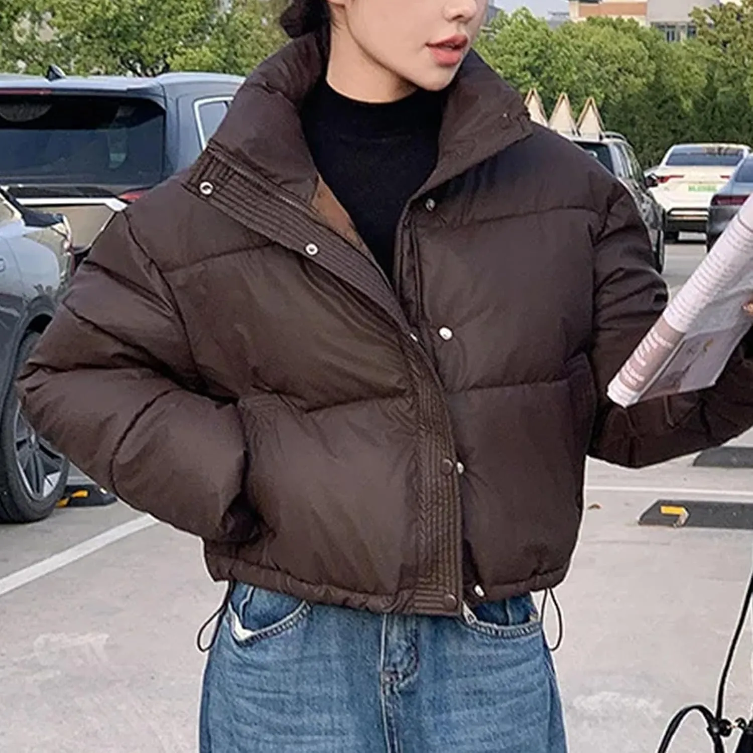 Winter Women Cropped Jackets Parkas Warm Stand Collar Cold Coat Zipper Puffer Jacket Cotton-padded Jacket