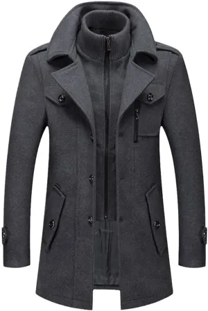 Winter Wool Coat Men Double Collar Thick Jacket Single Breasted Trench Coat Wool Blends Overcoats