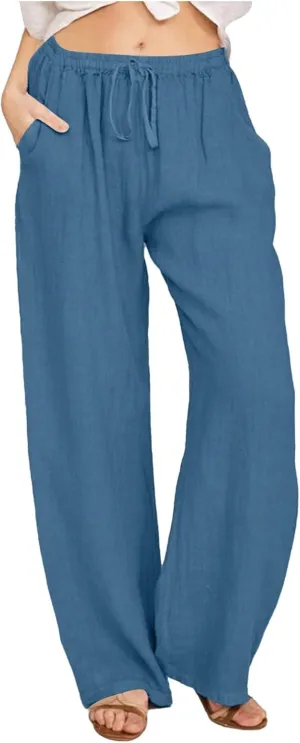 Women Cotton Linen Palazzo Pants Summer Flowy Wide Leg Beach Slacks Drawstring Causal Pants Soft Lightweight Trousers