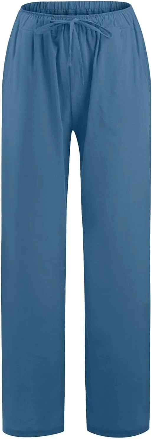 Women Cotton Linen Palazzo Pants Summer Flowy Wide Leg Beach Slacks Drawstring Causal Pants Soft Lightweight Trousers