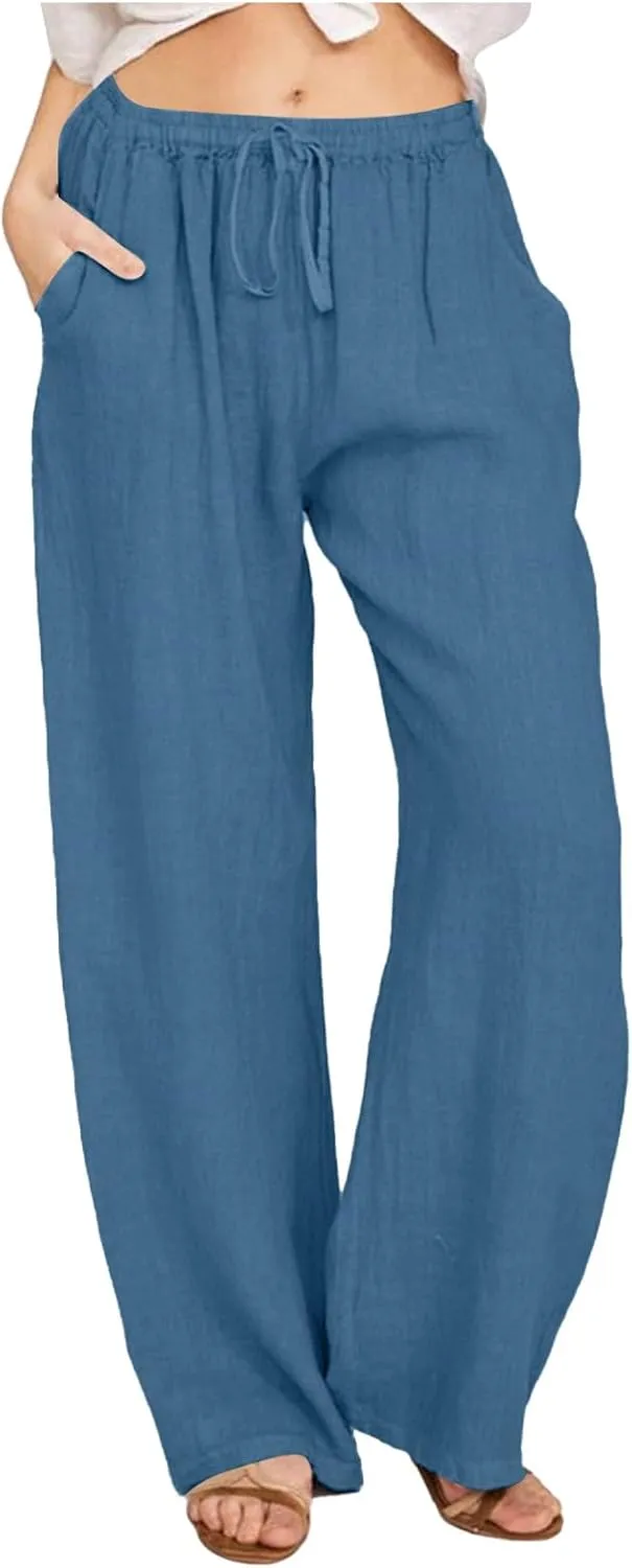 Women Cotton Linen Palazzo Pants Summer Flowy Wide Leg Beach Slacks Drawstring Causal Pants Soft Lightweight Trousers
