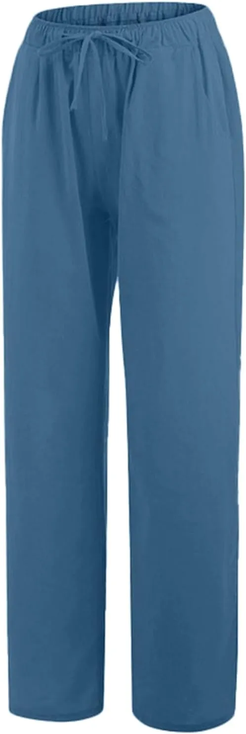 Women Cotton Linen Palazzo Pants Summer Flowy Wide Leg Beach Slacks Drawstring Causal Pants Soft Lightweight Trousers