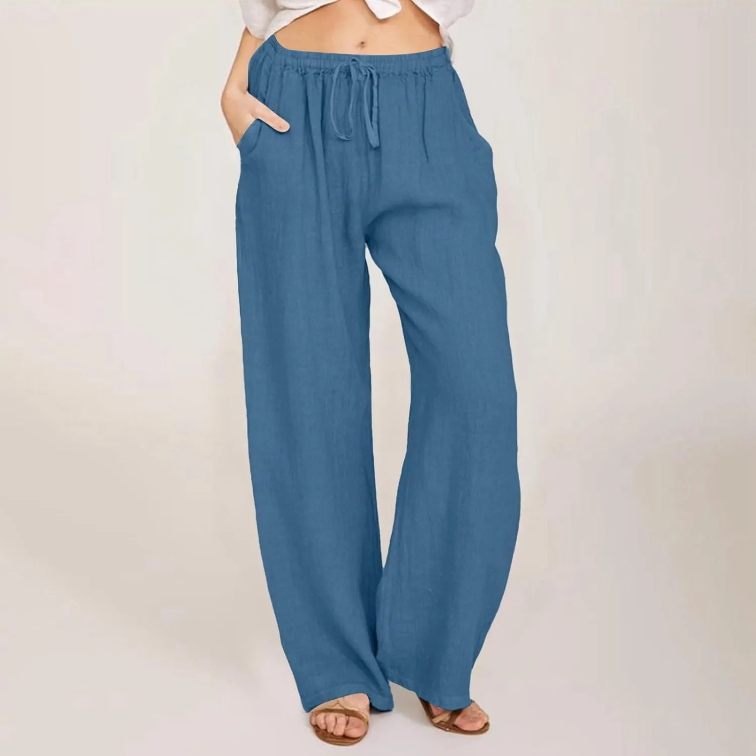 Women Cotton Linen Palazzo Pants Summer Flowy Wide Leg Beach Slacks Drawstring Causal Pants Soft Lightweight Trousers