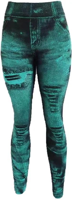 Women Denim Print Leggings Elastic High Waist Soft Yoga Pants Fake Jeans Seamless Gym Pant Butt Lifting Trousers