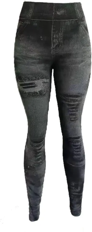Women Denim Print Leggings Elastic High Waist Soft Yoga Pants Fake Jeans Seamless Gym Pant Butt Lifting Trousers