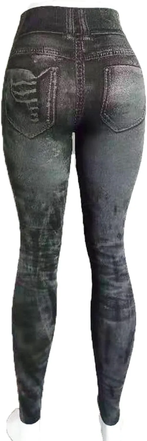 Women Denim Print Leggings Elastic High Waist Soft Yoga Pants Fake Jeans Seamless Gym Pant Butt Lifting Trousers