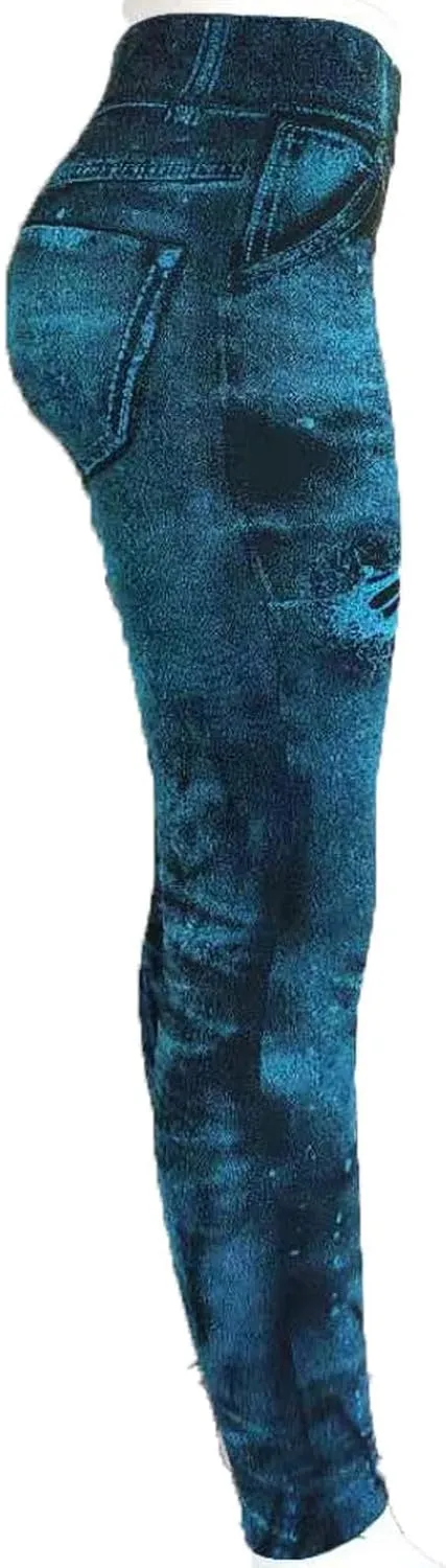 Women Denim Print Leggings Elastic High Waist Soft Yoga Pants Fake Jeans Seamless Gym Pant Butt Lifting Trousers