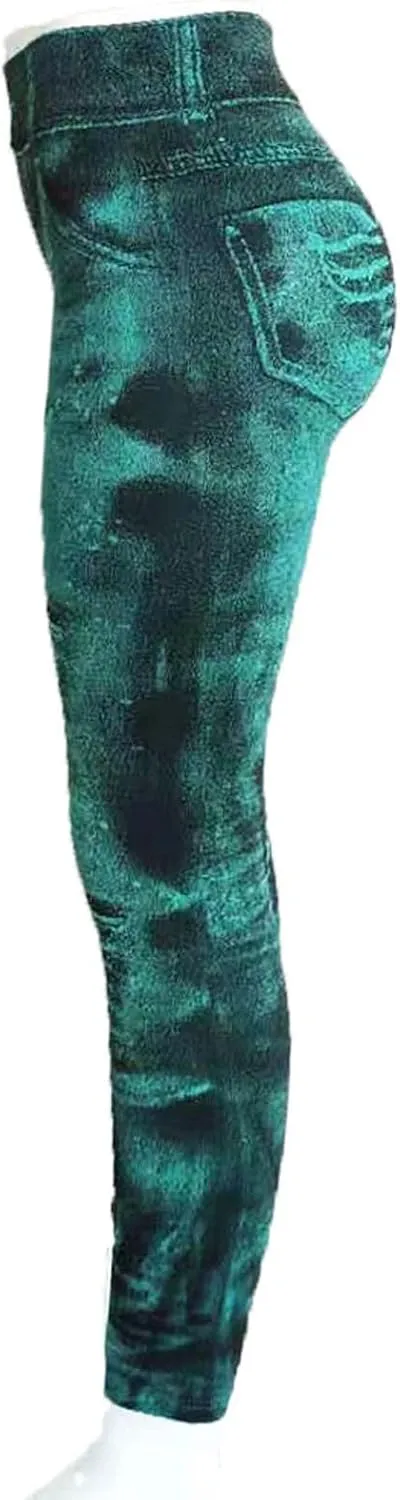 Women Denim Print Leggings Elastic High Waist Soft Yoga Pants Fake Jeans Seamless Gym Pant Butt Lifting Trousers