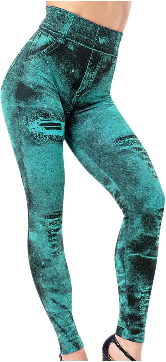 Women Denim Print Leggings Elastic High Waist Soft Yoga Pants Fake Jeans Seamless Gym Pant Butt Lifting Trousers