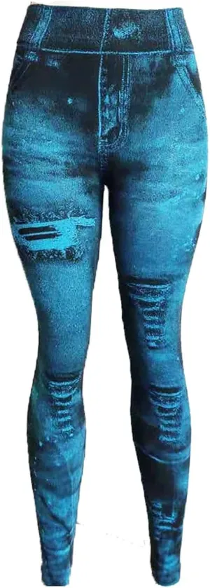 Women Denim Print Leggings Elastic High Waist Soft Yoga Pants Fake Jeans Seamless Gym Pant Butt Lifting Trousers