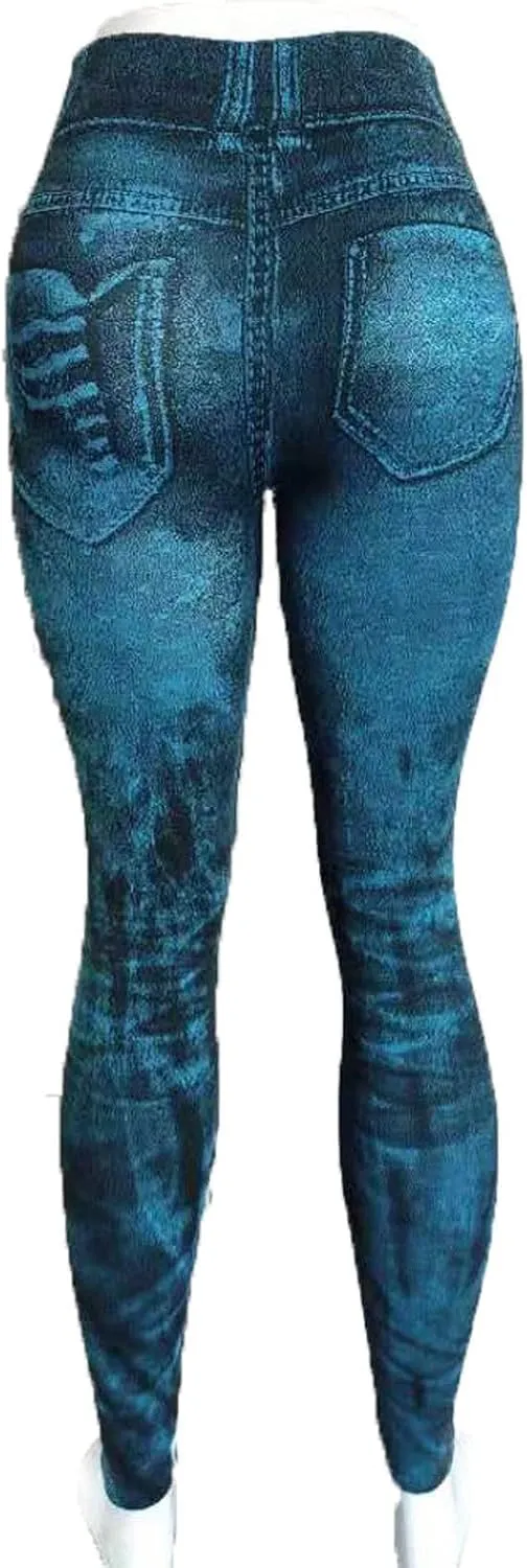 Women Denim Print Leggings Elastic High Waist Soft Yoga Pants Fake Jeans Seamless Gym Pant Butt Lifting Trousers