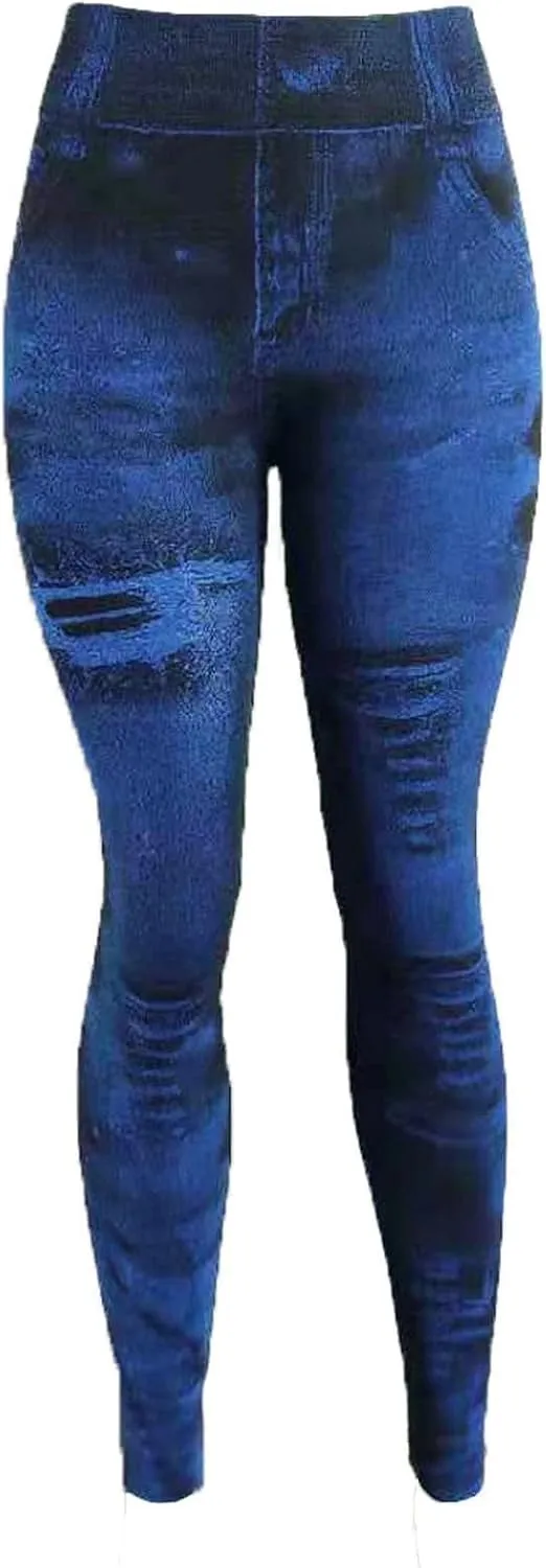 Women Denim Print Leggings Elastic High Waist Soft Yoga Pants Fake Jeans Seamless Gym Pant Butt Lifting Trousers