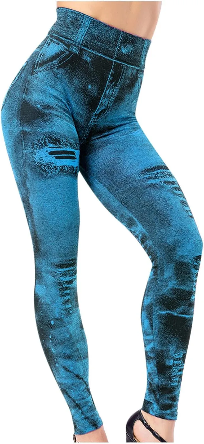 Women Denim Print Leggings Elastic High Waist Soft Yoga Pants Fake Jeans Seamless Gym Pant Butt Lifting Trousers