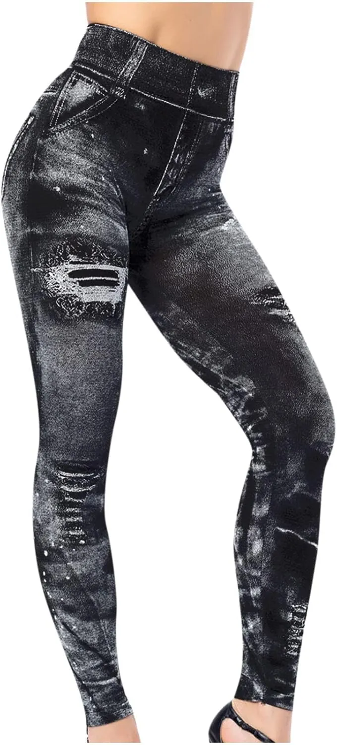 Women Denim Print Leggings Elastic High Waist Soft Yoga Pants Fake Jeans Seamless Gym Pant Butt Lifting Trousers
