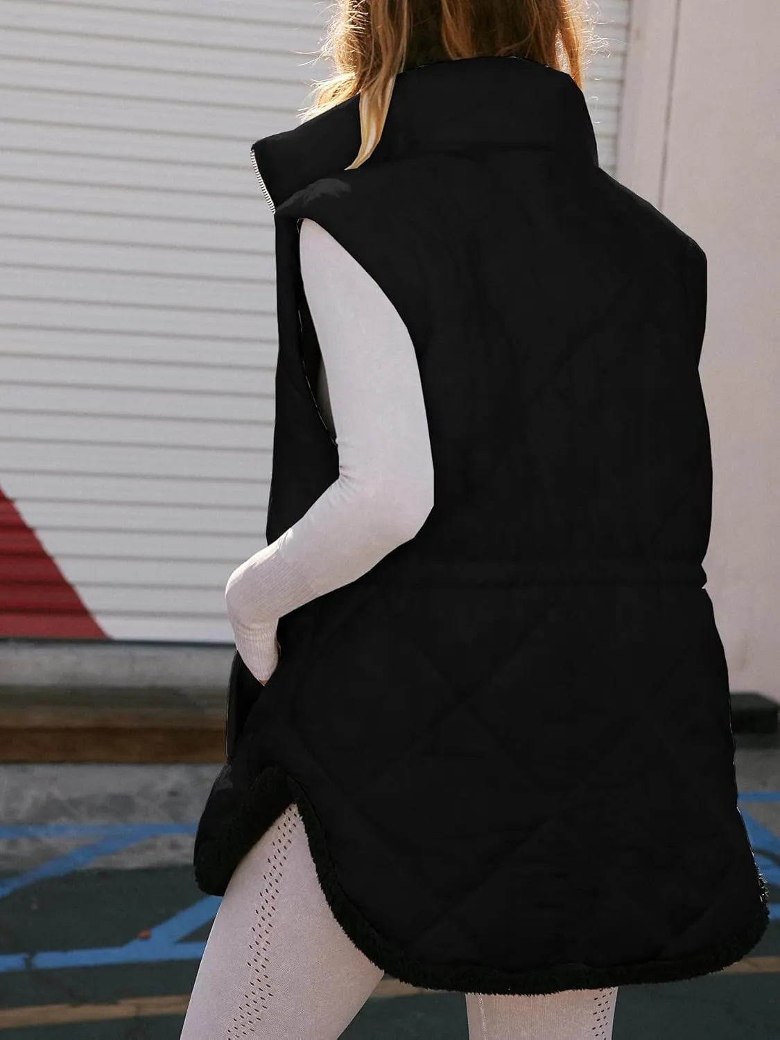 Women Fall Reversible Vests Sleeveless Sherpa Fleece Jacket Zip Up Hoodie Long Warm Winter Padded Coat Outerwear
