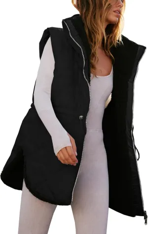 Women Fall Reversible Vests Sleeveless Sherpa Fleece Jacket Zip Up Hoodie Long Warm Winter Padded Coat Outerwear