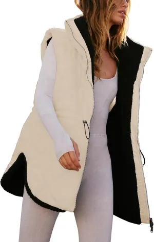 Women Fall Reversible Vests Sleeveless Sherpa Fleece Jacket Zip Up Hoodie Long Warm Winter Padded Coat Outerwear