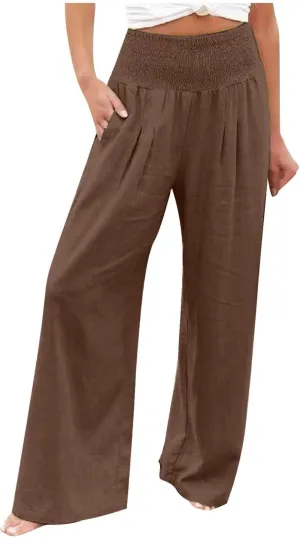 Women Fashion Straight Pants Stretchy High Waisted Wide Leg Pants Casual Pleated Plain Business Work Trousers