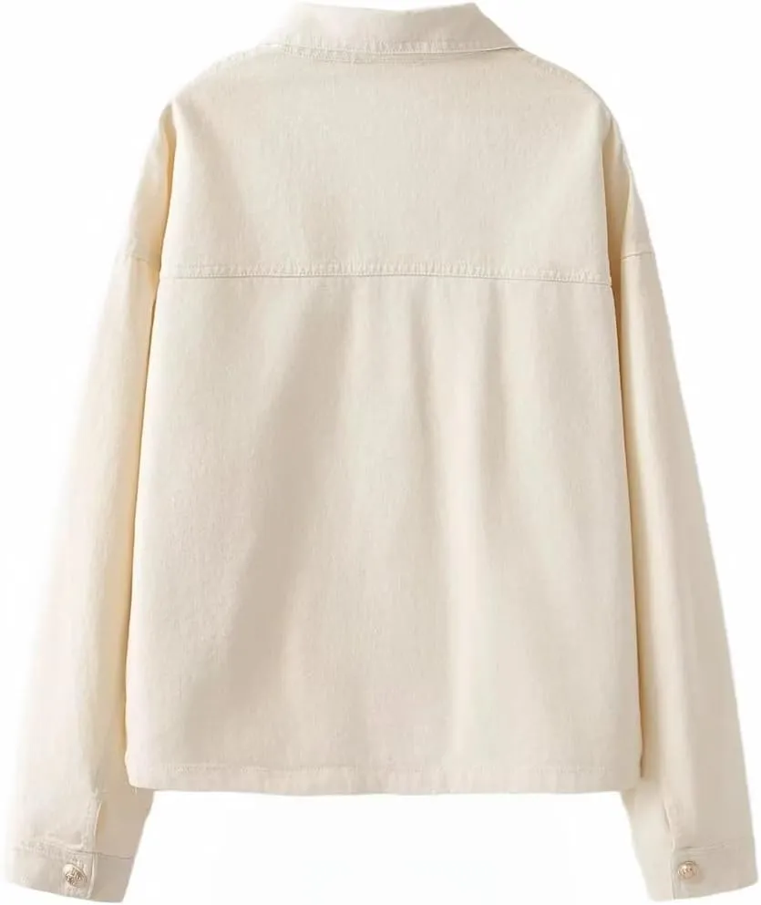 Women Lapel Denim Jacket Coat Solid Long Sleeve Buttons Pockets Casual Loose Outwear Top