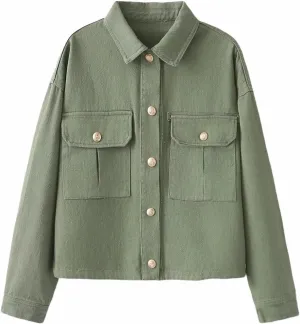 Women Lapel Denim Jacket Coat Solid Long Sleeve Buttons Pockets Casual Loose Outwear Top