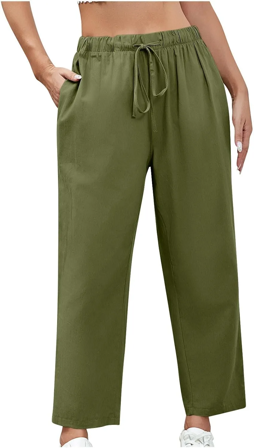 Women Linen Pants Summer 2025 Drawstring Elastic Waist Soft Comfy Cropped Pants Solid Color Wide Leg Palazzo Trousers