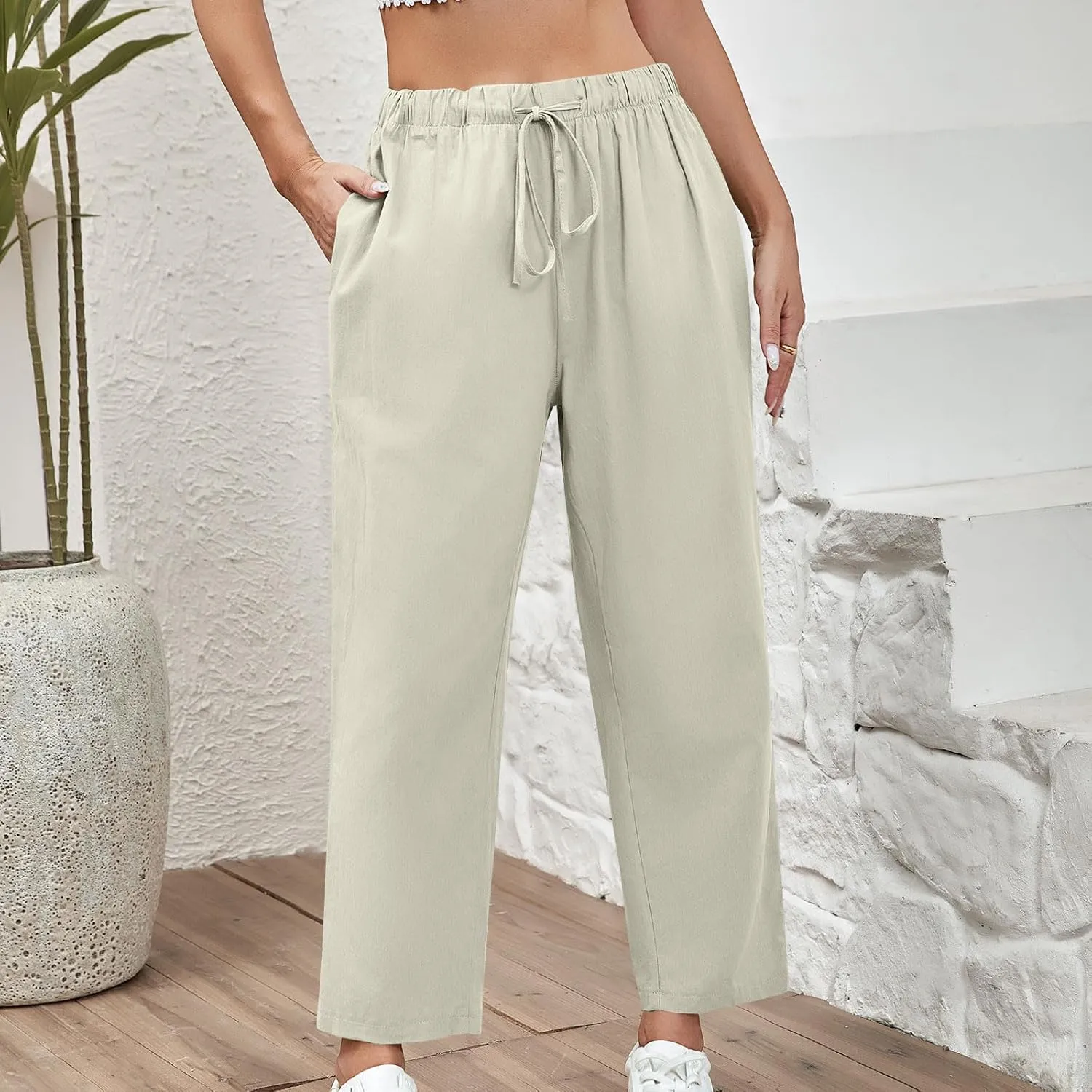 Women Linen Pants Summer 2025 Drawstring Elastic Waist Soft Comfy Cropped Pants Solid Color Wide Leg Palazzo Trousers