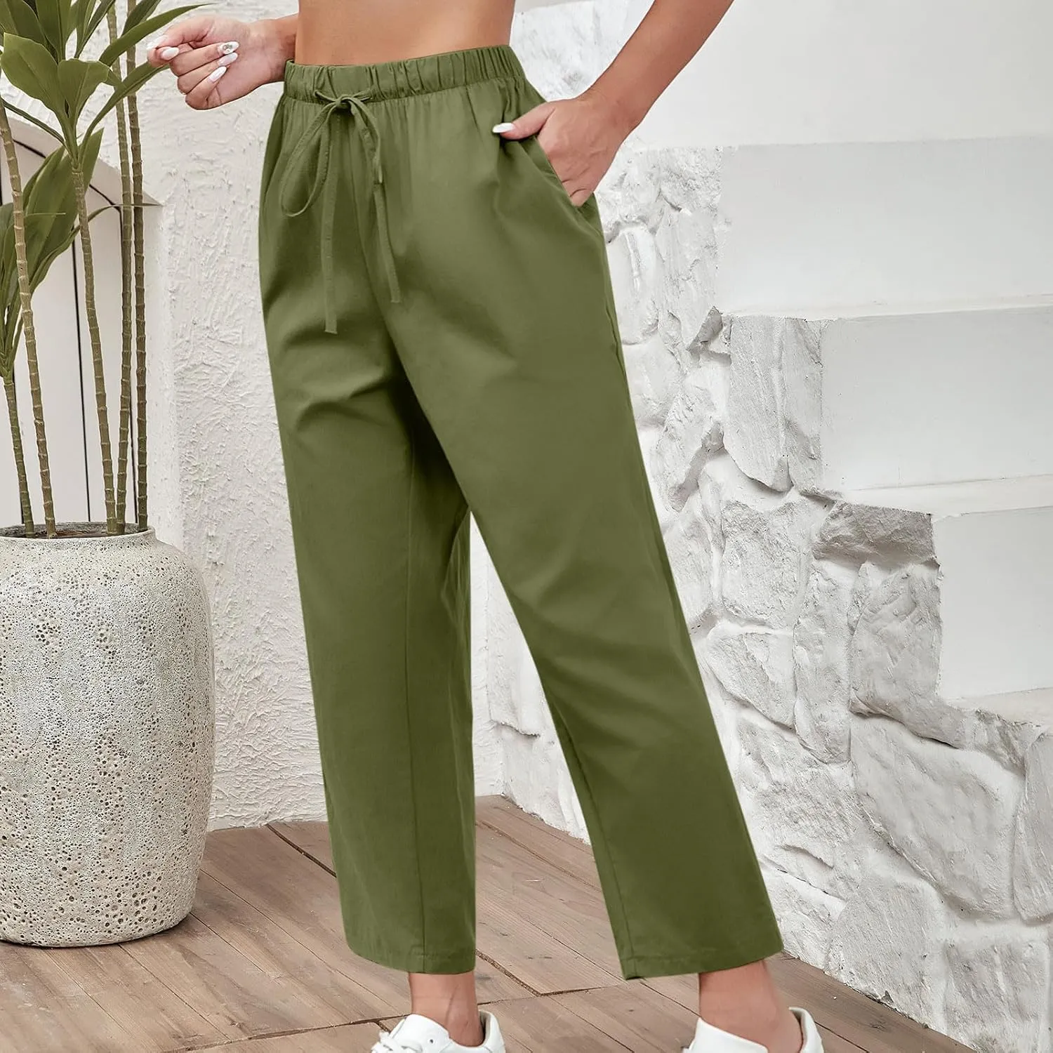 Women Linen Pants Summer 2025 Drawstring Elastic Waist Soft Comfy Cropped Pants Solid Color Wide Leg Palazzo Trousers