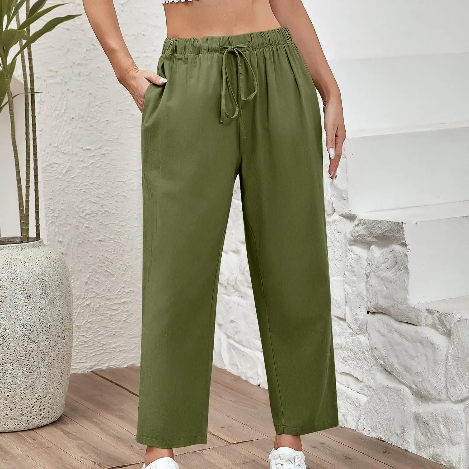 Women Linen Pants Summer 2025 Drawstring Elastic Waist Soft Comfy Cropped Pants Solid Color Wide Leg Palazzo Trousers