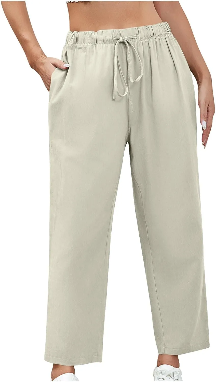 Women Linen Pants Summer 2025 Drawstring Elastic Waist Soft Comfy Cropped Pants Solid Color Wide Leg Palazzo Trousers