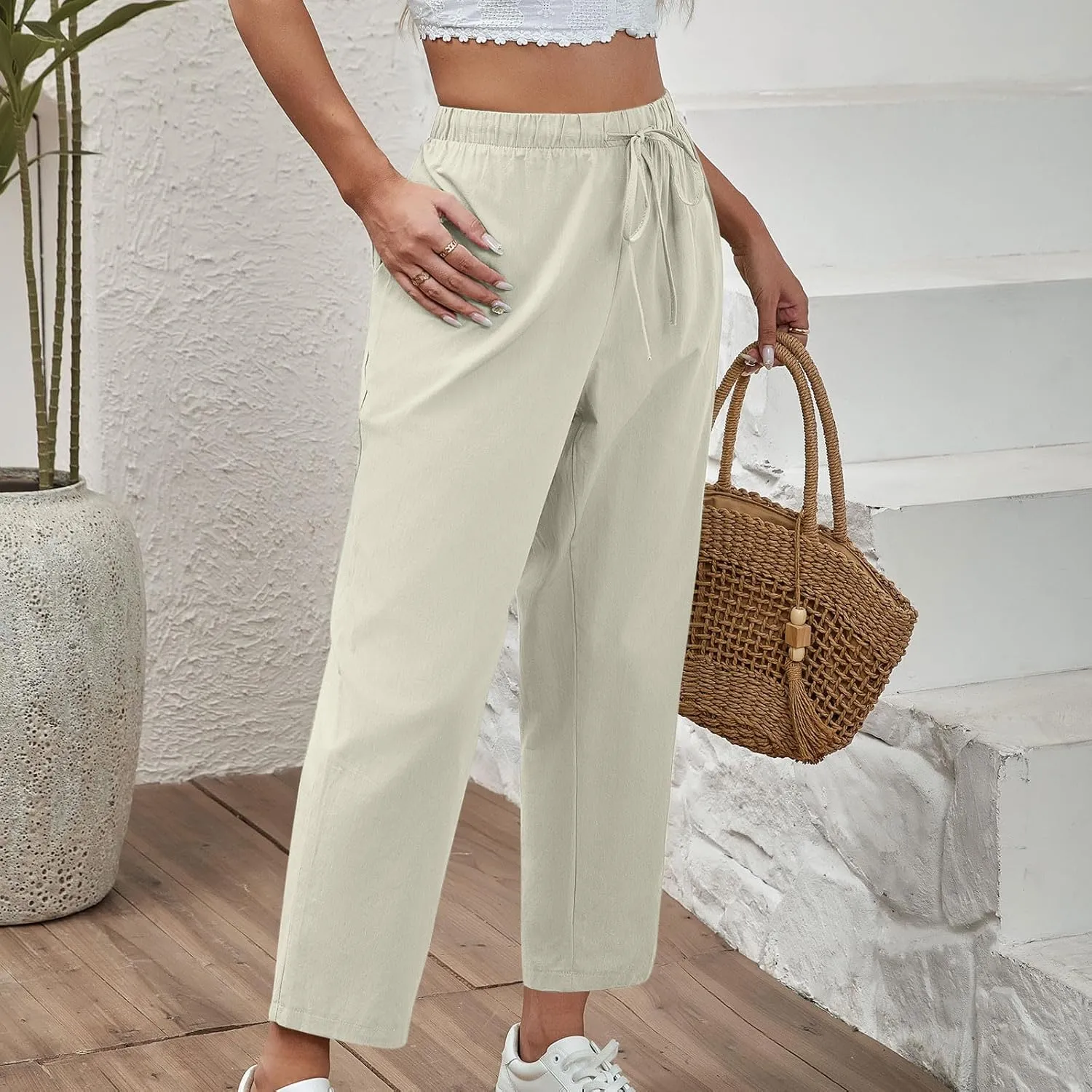 Women Linen Pants Summer 2025 Drawstring Elastic Waist Soft Comfy Cropped Pants Solid Color Wide Leg Palazzo Trousers
