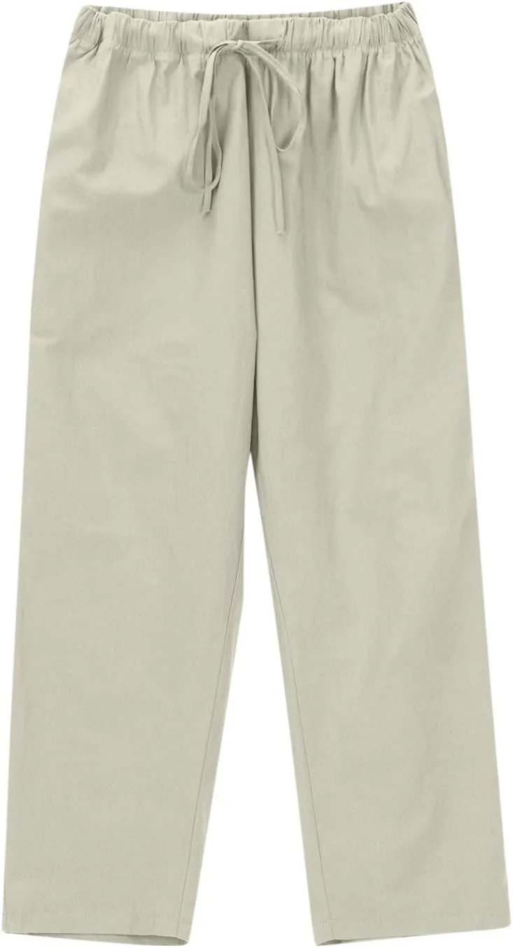 Women Linen Pants Summer 2025 Drawstring Elastic Waist Soft Comfy Cropped Pants Solid Color Wide Leg Palazzo Trousers