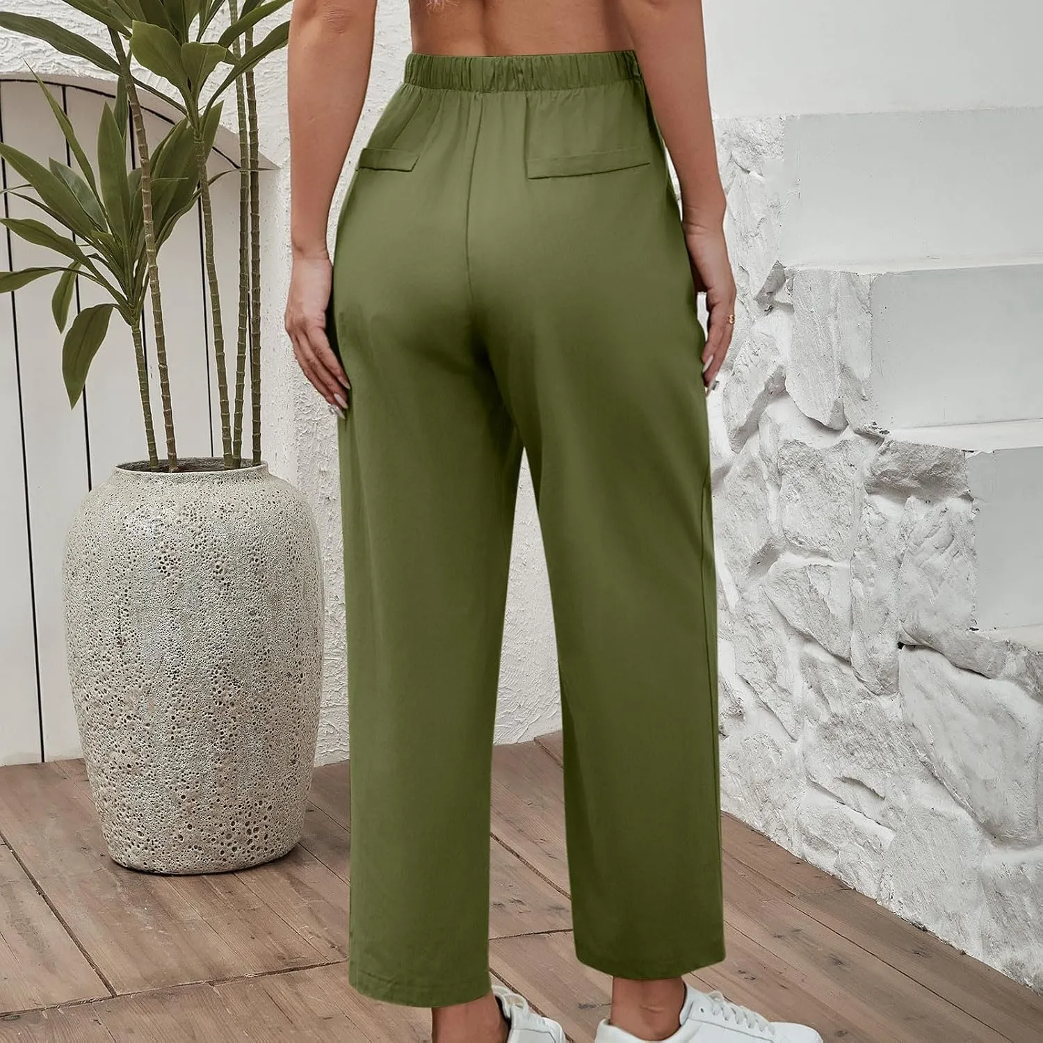 Women Linen Pants Summer 2025 Drawstring Elastic Waist Soft Comfy Cropped Pants Solid Color Wide Leg Palazzo Trousers