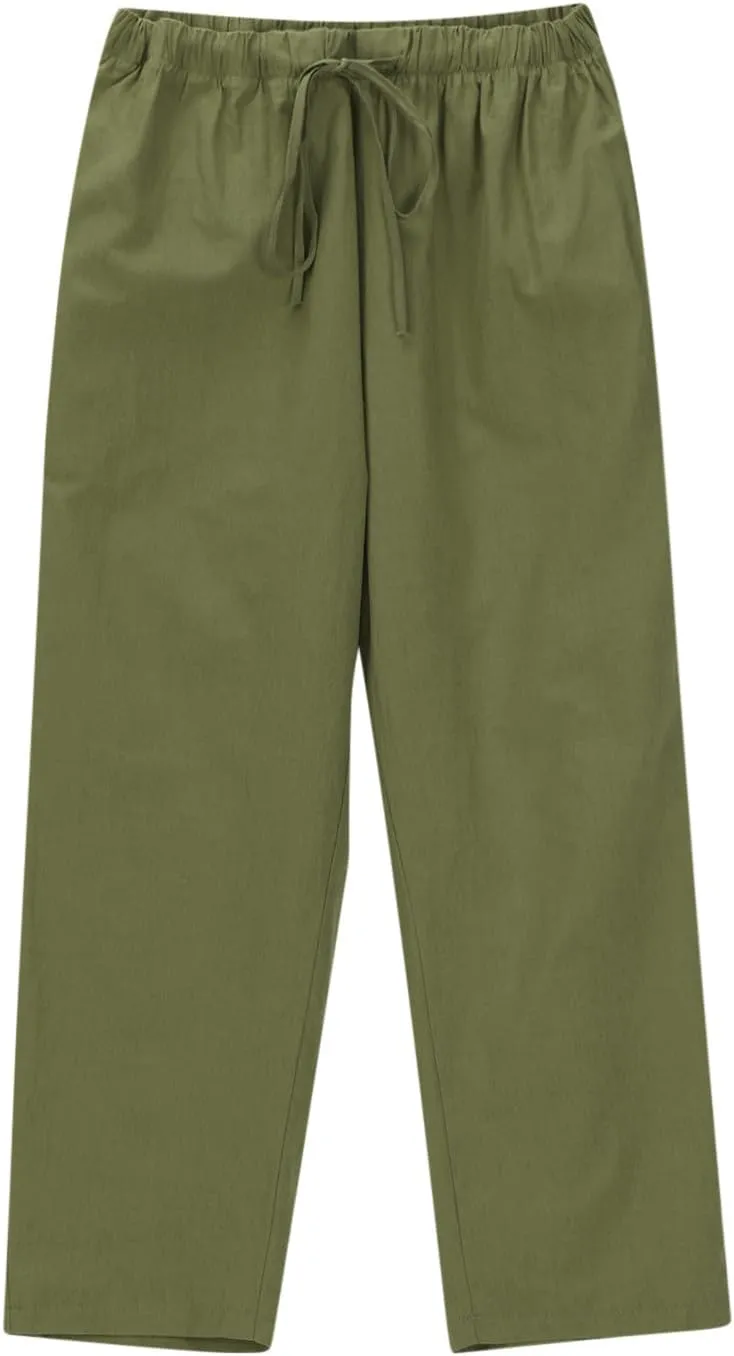 Women Linen Pants Summer 2025 Drawstring Elastic Waist Soft Comfy Cropped Pants Solid Color Wide Leg Palazzo Trousers