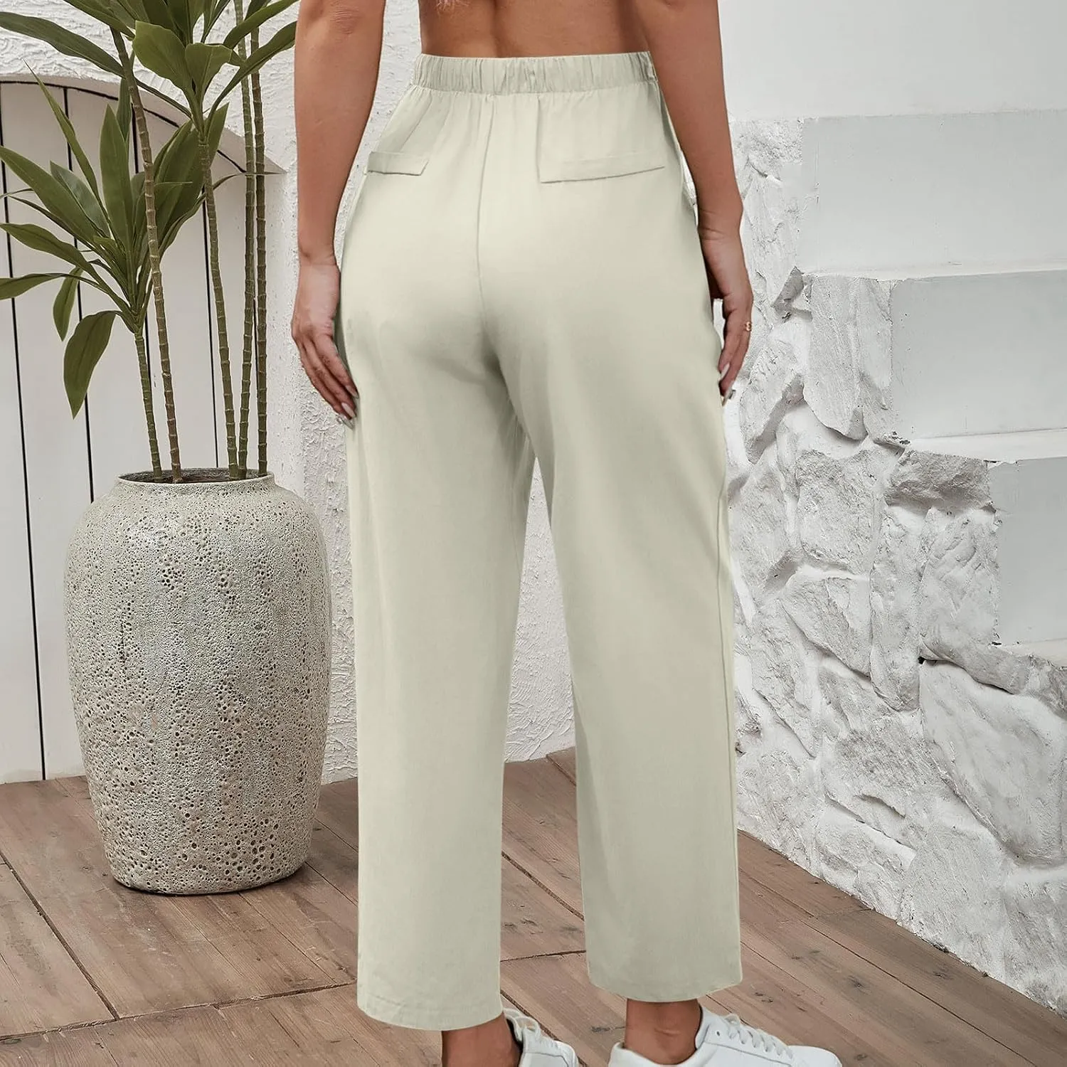 Women Linen Pants Summer 2025 Drawstring Elastic Waist Soft Comfy Cropped Pants Solid Color Wide Leg Palazzo Trousers