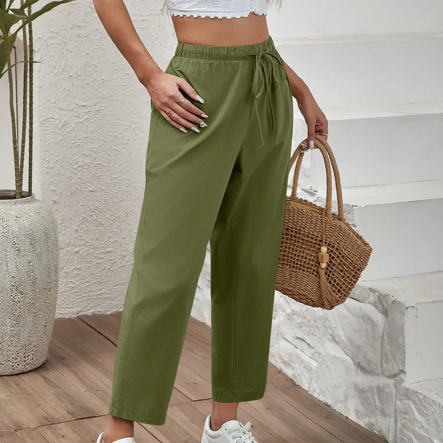 Women Linen Pants Summer 2025 Drawstring Elastic Waist Soft Comfy Cropped Pants Solid Color Wide Leg Palazzo Trousers