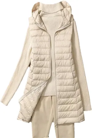 Women Midi Long Lightweightthin Down Vest Women Winter Long Hooded Jackets Slim Waistcoat Casual Basic