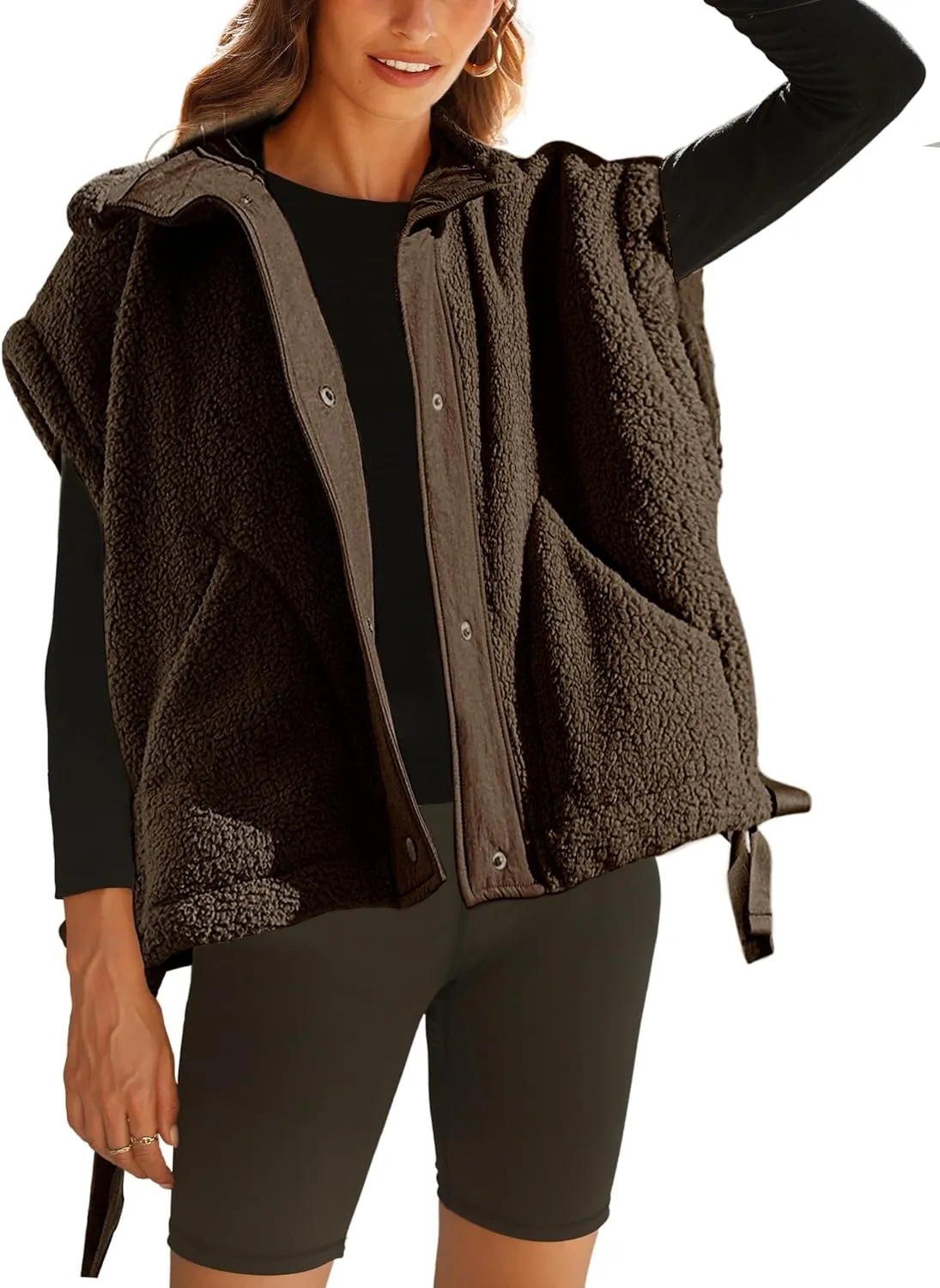 Women Oversized Fleece Vest Trendy Sleeveless Button Down Fuzzy Sherpa Jacket Winter Warm Outerwear Vest with Pockets