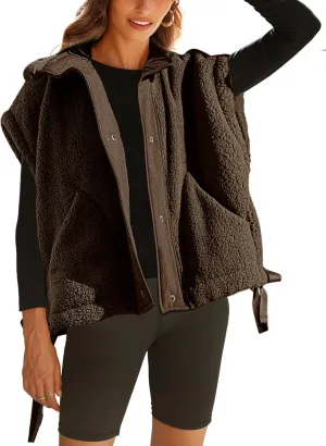 Women Oversized Fleece Vest Trendy Sleeveless Button Down Fuzzy Sherpa Jacket Winter Warm Outerwear Vest with Pockets
