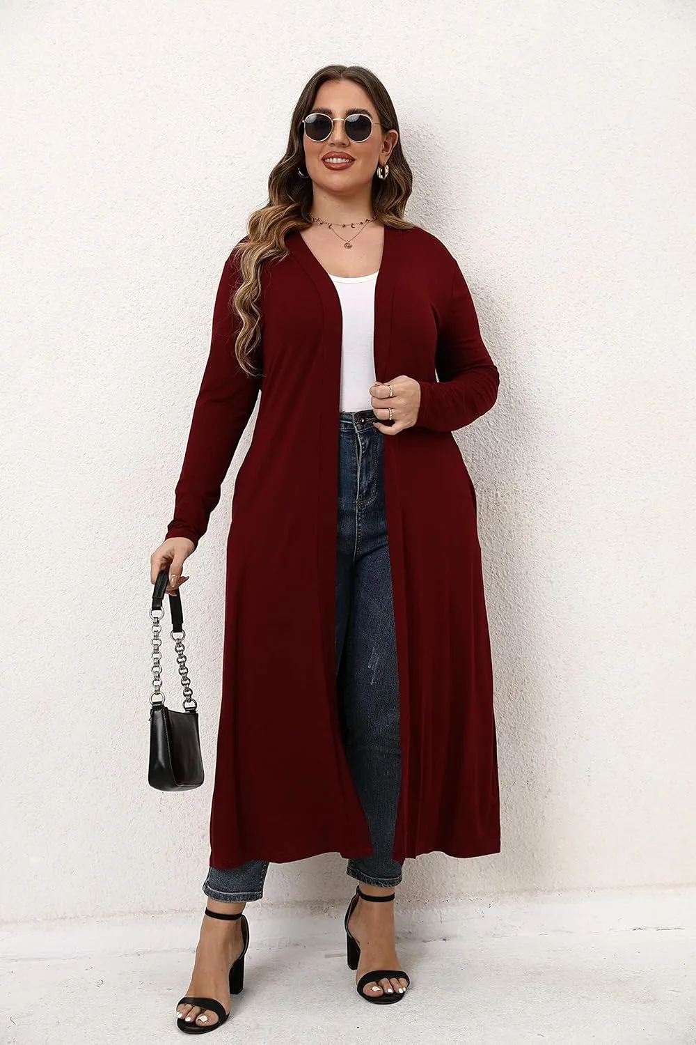 Women Plus Size Floor Length Open Front Drape Cardigan Lightweight Long Sleeve Maxi Duster with Pockets 1X-5X